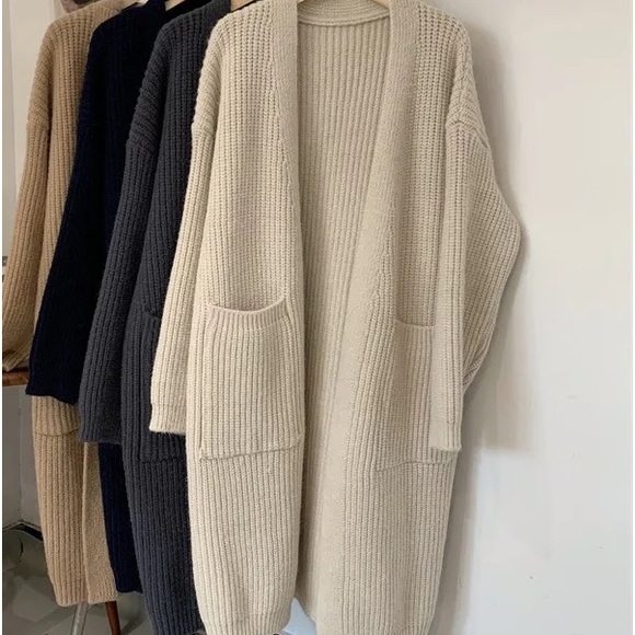 Sweaters - GORGEOUS Chunky Thick Long Below Knee Duster Rib Dark Cream Cardigan Coat